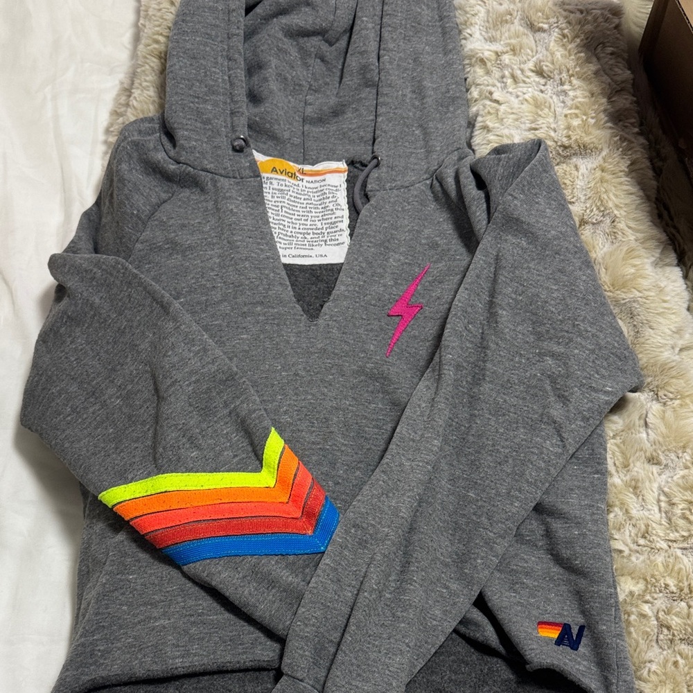 Aviator Nation Gray Hoodie size XL with neon stripes and pink lightning bolt